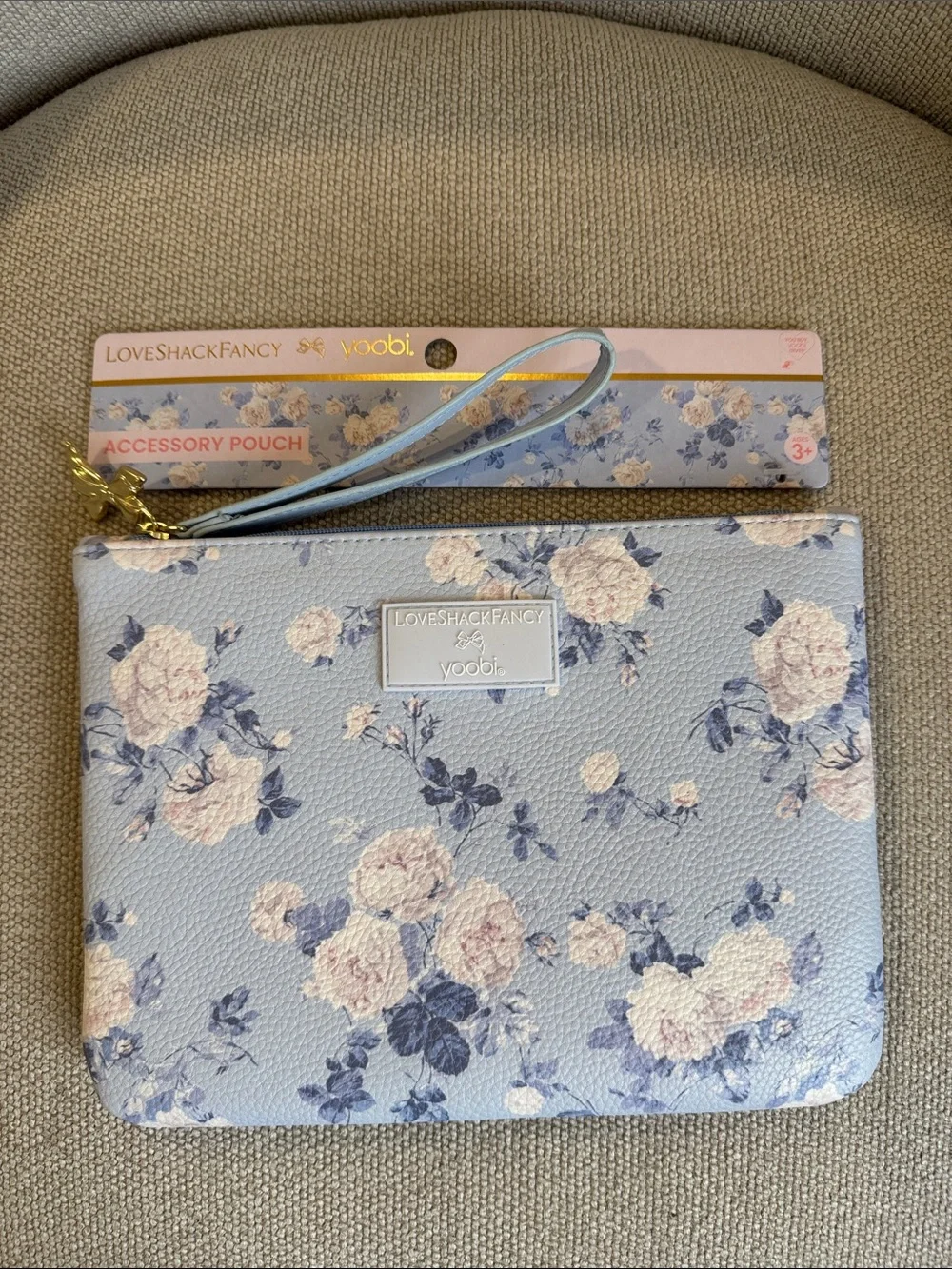 LoveShackFancy x Target Blue Floral Wristlet Pouch with Pink Rose Accents